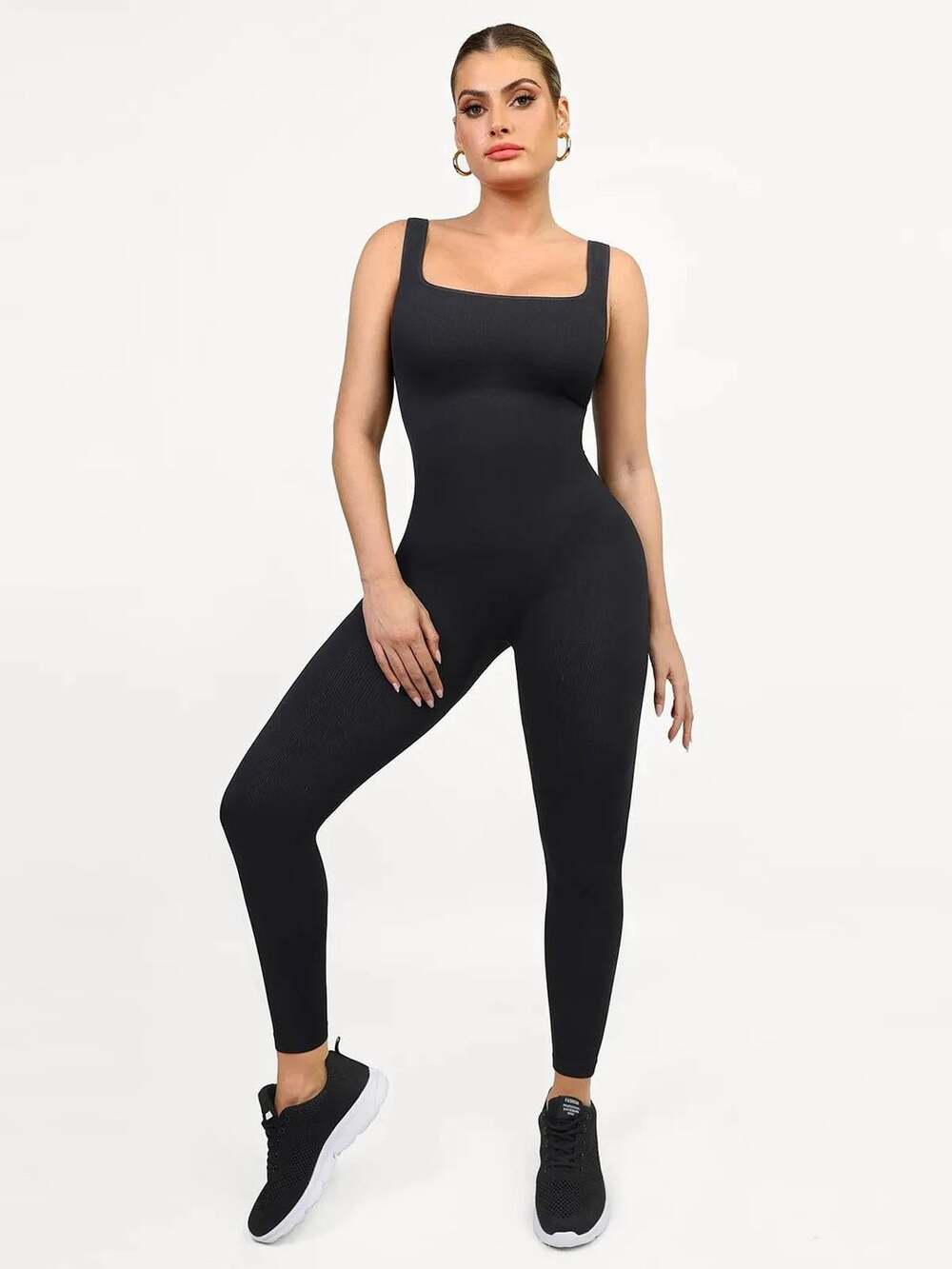 Popilush Shapewear Square Neck Thigh Slimming Workout Jumpsuit Black